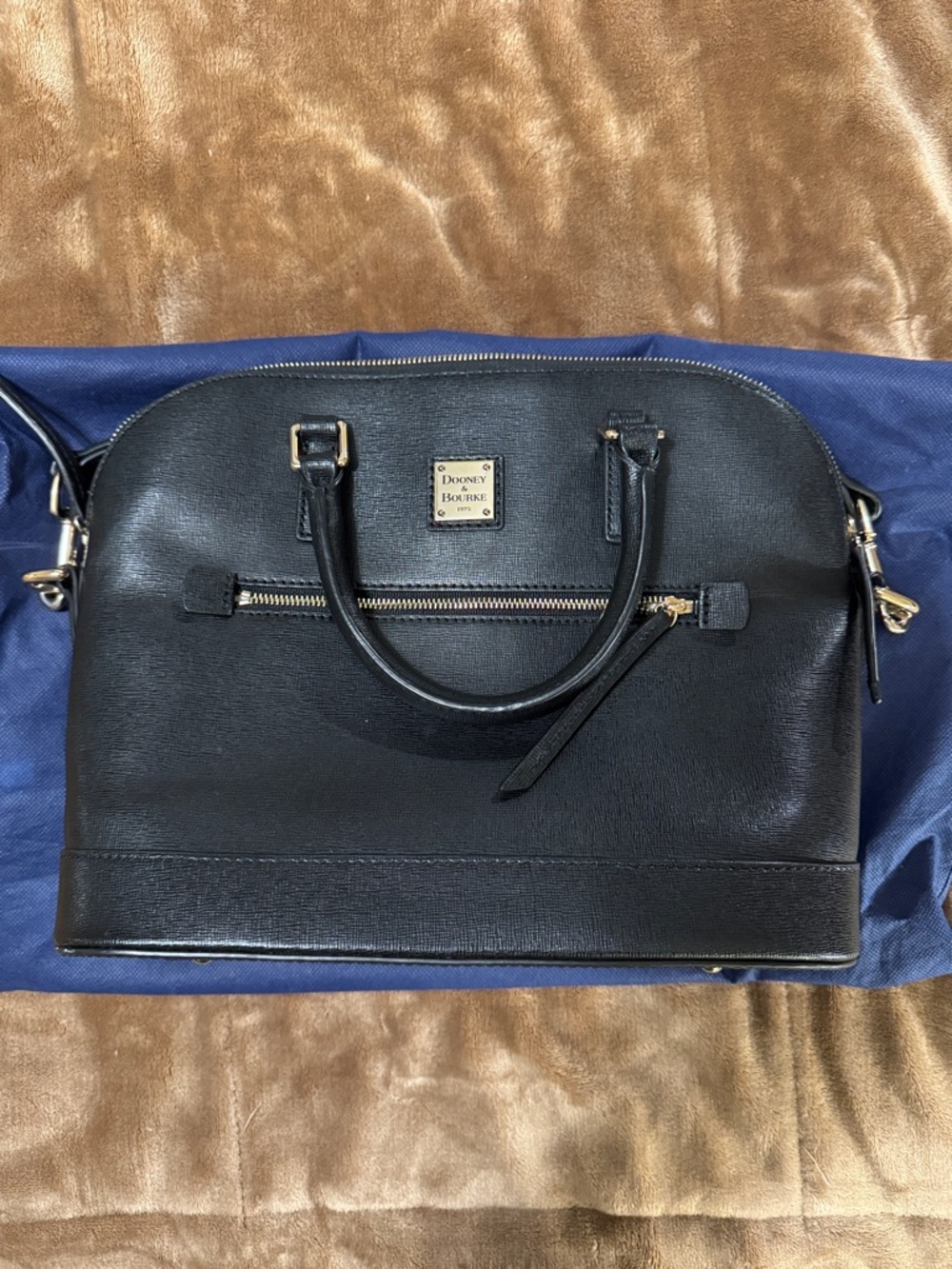 Dooney & Bourke Black Saffiano Leather Dome Satchel with Gold Hardware
